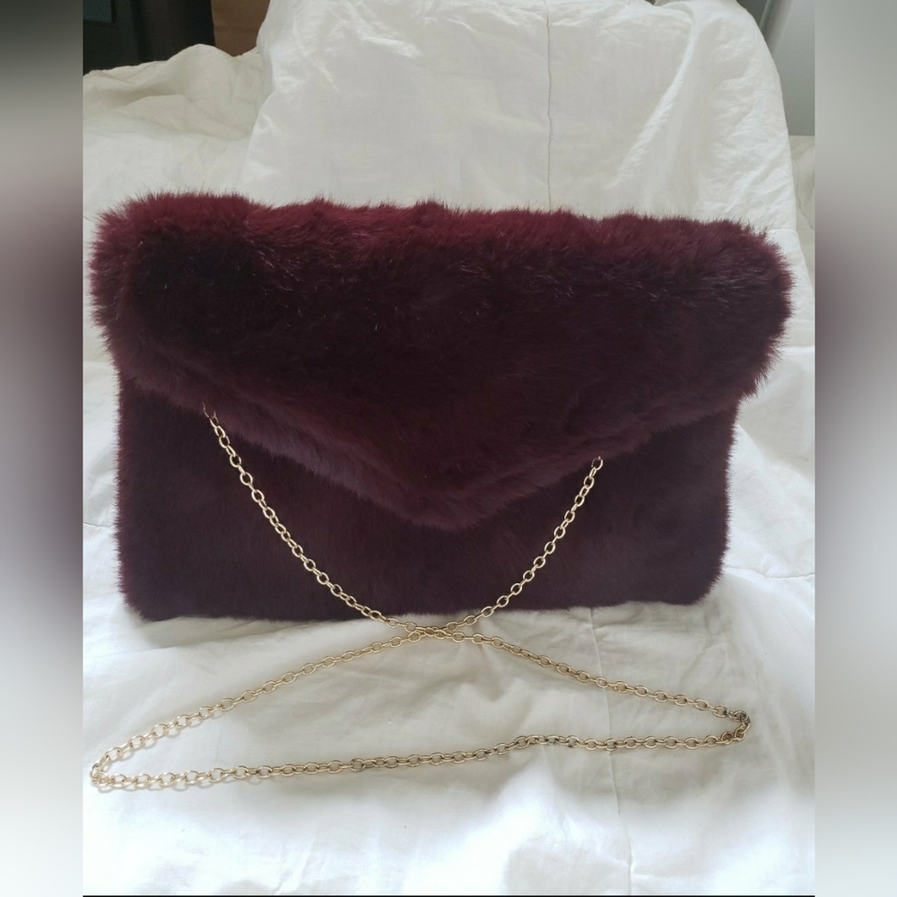 Lily and Ivy Burgundy Faux Fur Handbag